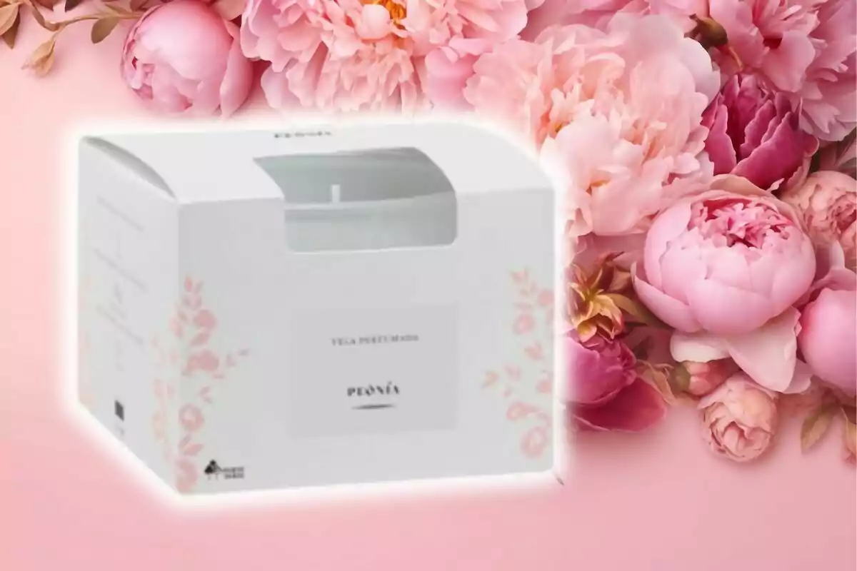 Caja blanca de vela perfumada de Mercadona con diseño floral de peonías sobre un fondo de flores rosas. Caja blanca de vela perfumada de Mercadona con diseño floral de peonías sobre un fondo de flores rosas.