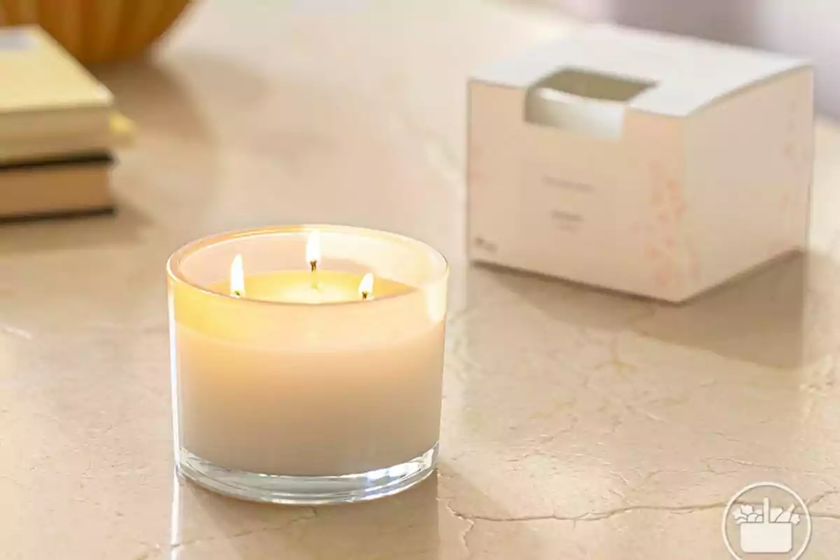 Vela aromática blanca de tres mechas, que es la Peonía de Mercadona, encendida sobre una mesa de mármol con una caja y libros al fondo desenfocados. Vela aromática blanca de tres mechas, que es la Peonía de Mercadona, encendida sobre una mesa de mármol con una caja y libros al fondo desenfocados.