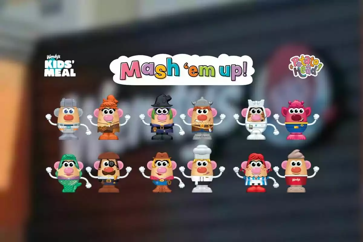Joguines de Mr. Potato Head amb diferents disfresses promocionals del Wendy’s Kids’ Meal i el text Mash ‘em up al centre