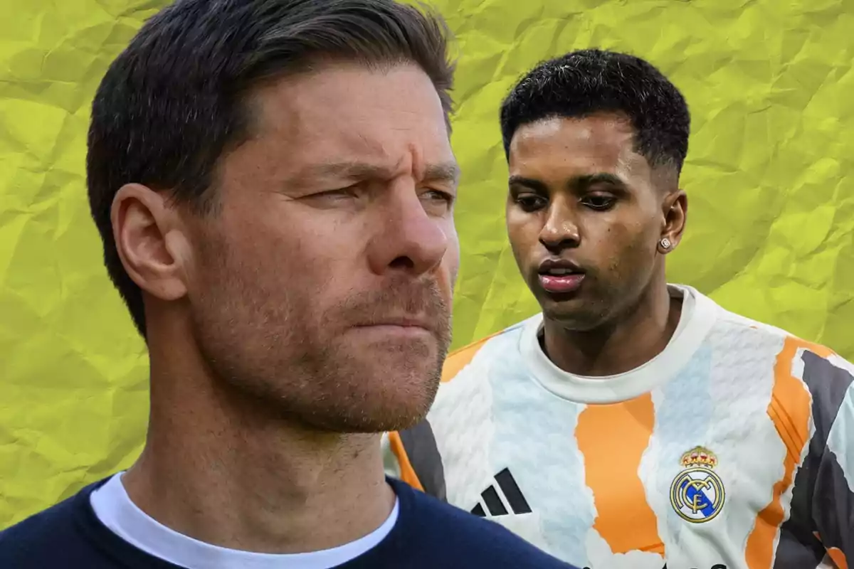 Two men in the foreground with a wrinkled yellow background, one of them wearing a Real Madrid soccer jersey