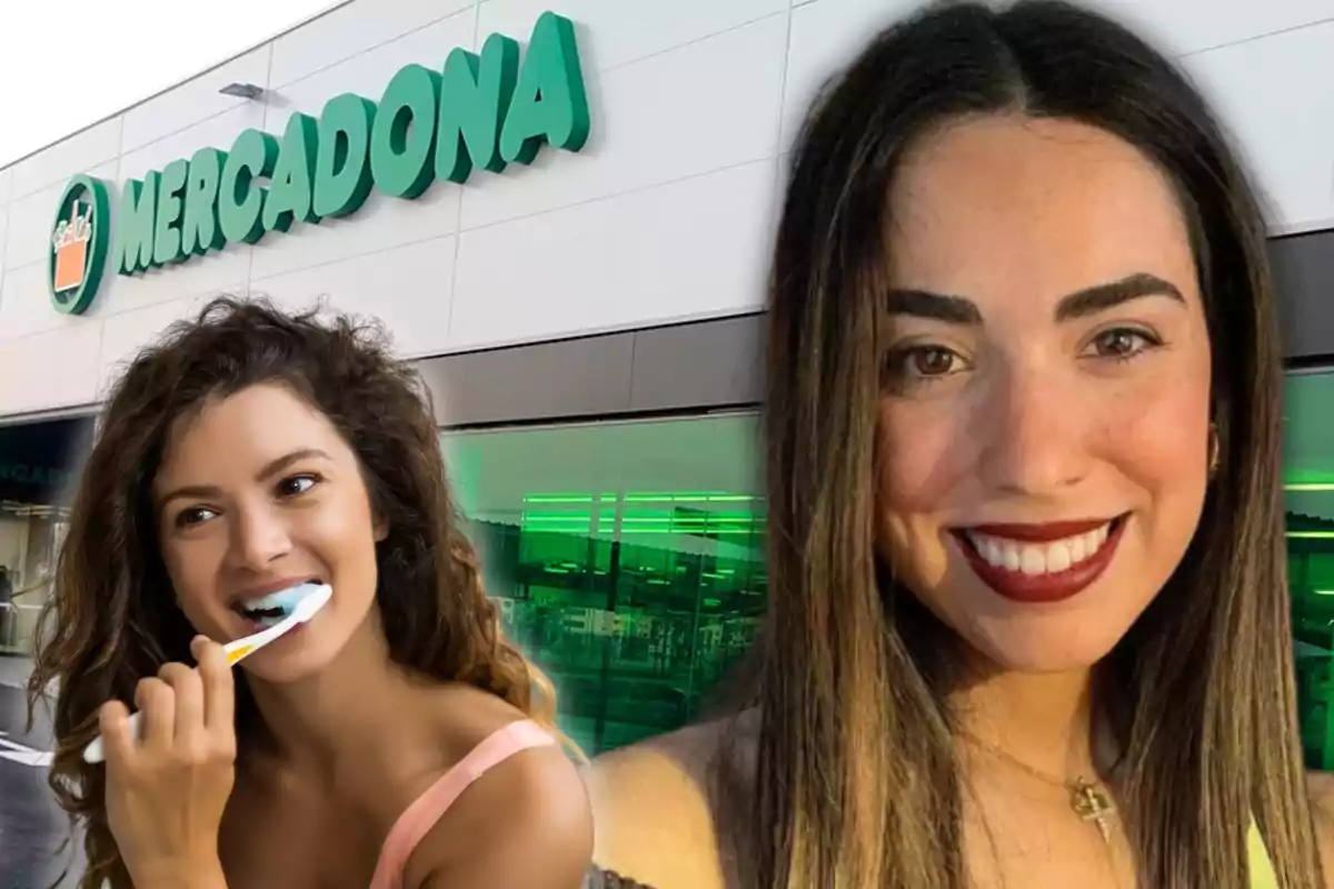Dues dones somrients davant d’una botiga de Mercadona, una d’elles s’està raspallant les dents.