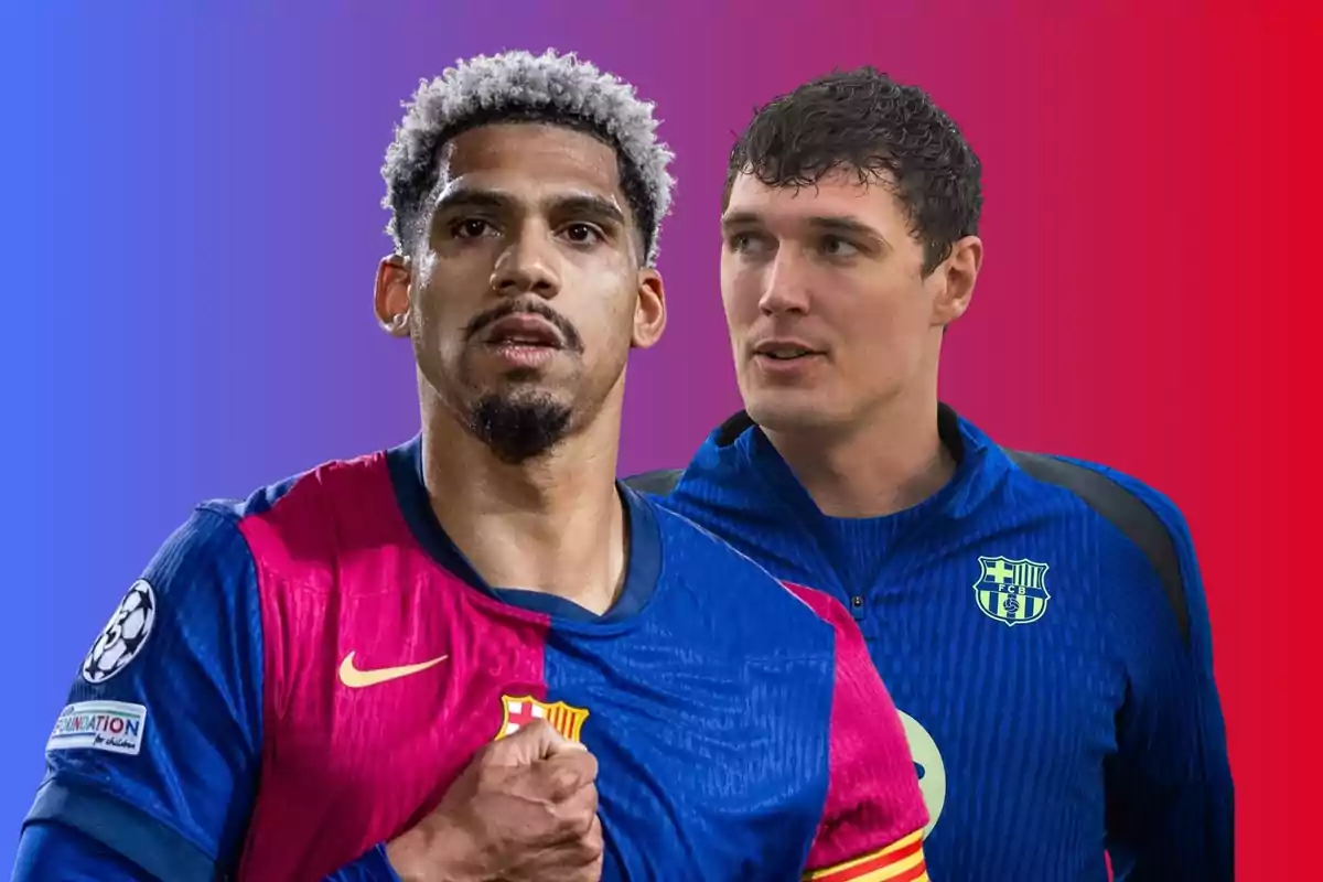 Two FC Barcelona players in blue and garnet uniforms with a blue and red gradient background