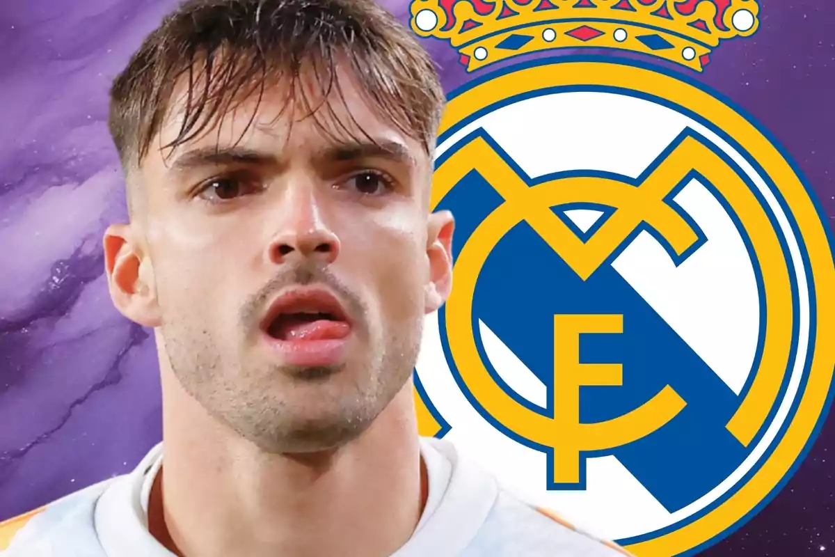 Jugador de fútbol con el escudo del Real Madrid de fondo Jugador de fútbol con el escudo del Real Madrid de fondo