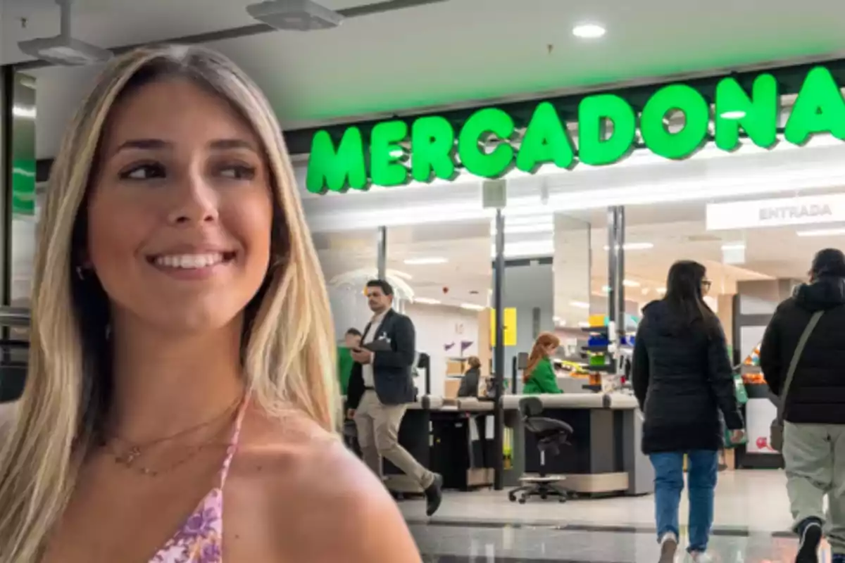 Una jove somrient en primer pla davant de l’entrada d’un supermercat Mercadona amb persones entrant i sortint de l’establiment. Una jove somrient en primer pla davant de l’entrada d’un supermercat Mercadona amb persones entrant i sortint de l’establiment.