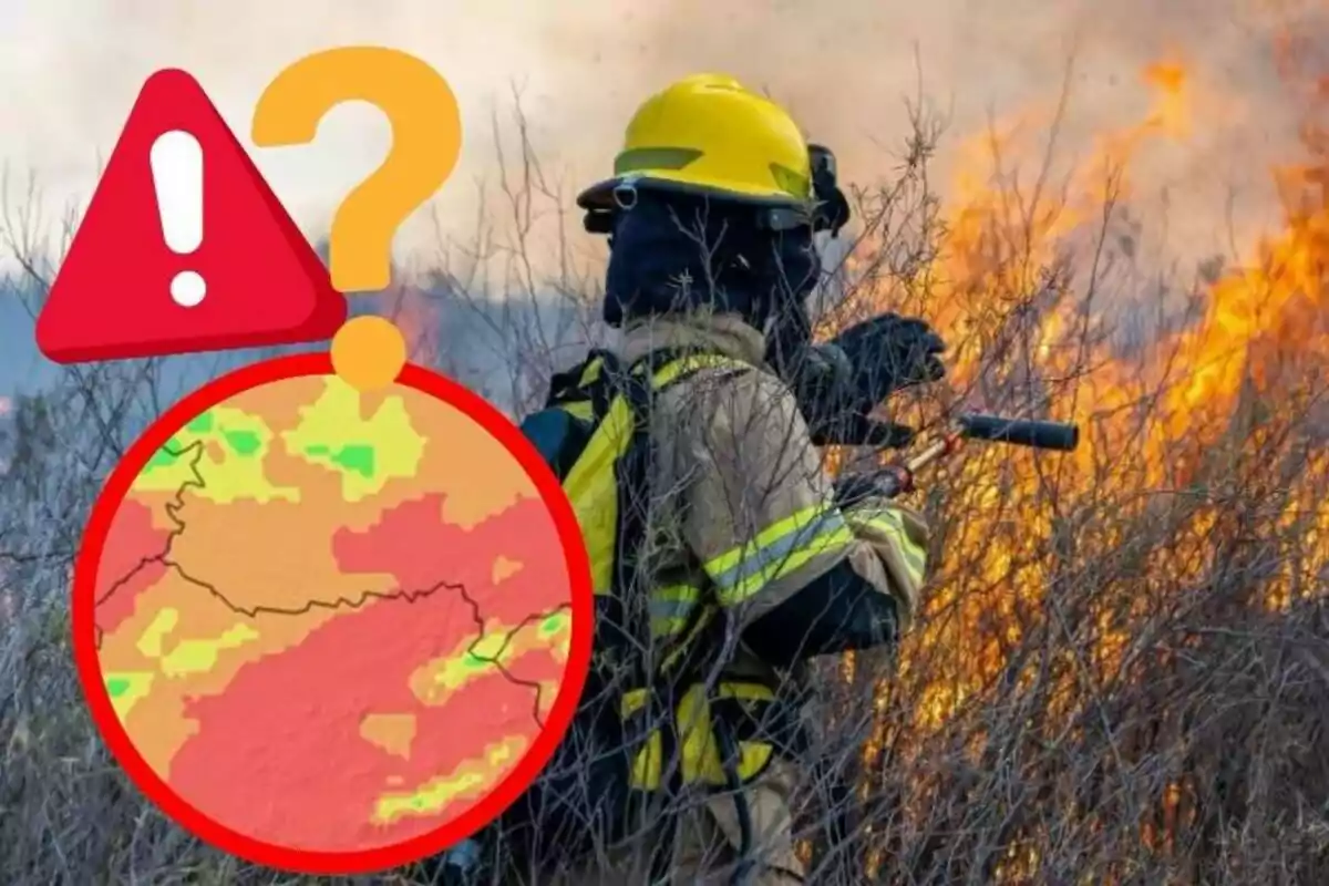 Bombarder combatent un incendi forestal amb un gràfic d’alerta i un mapa de risc superposats