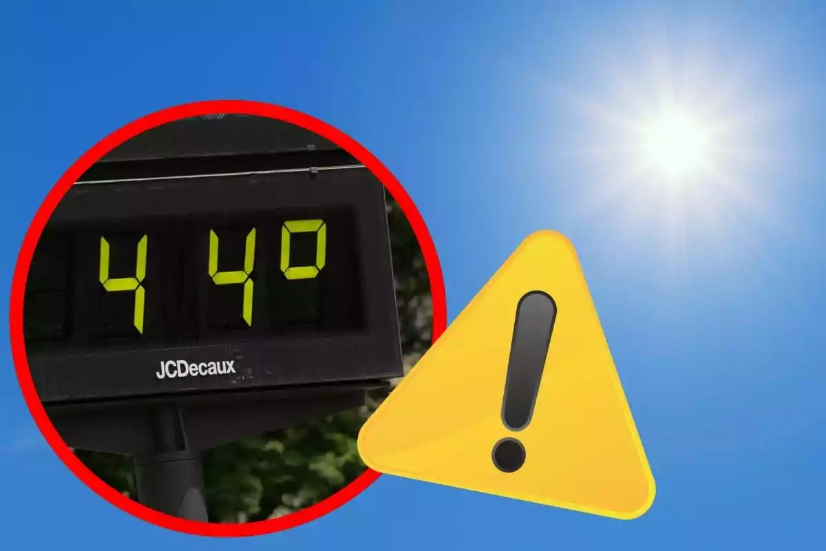 Termòmetre digital marcant 44 graus al costat d’un sol brillant i un símbol d’advertència sobre fons blau