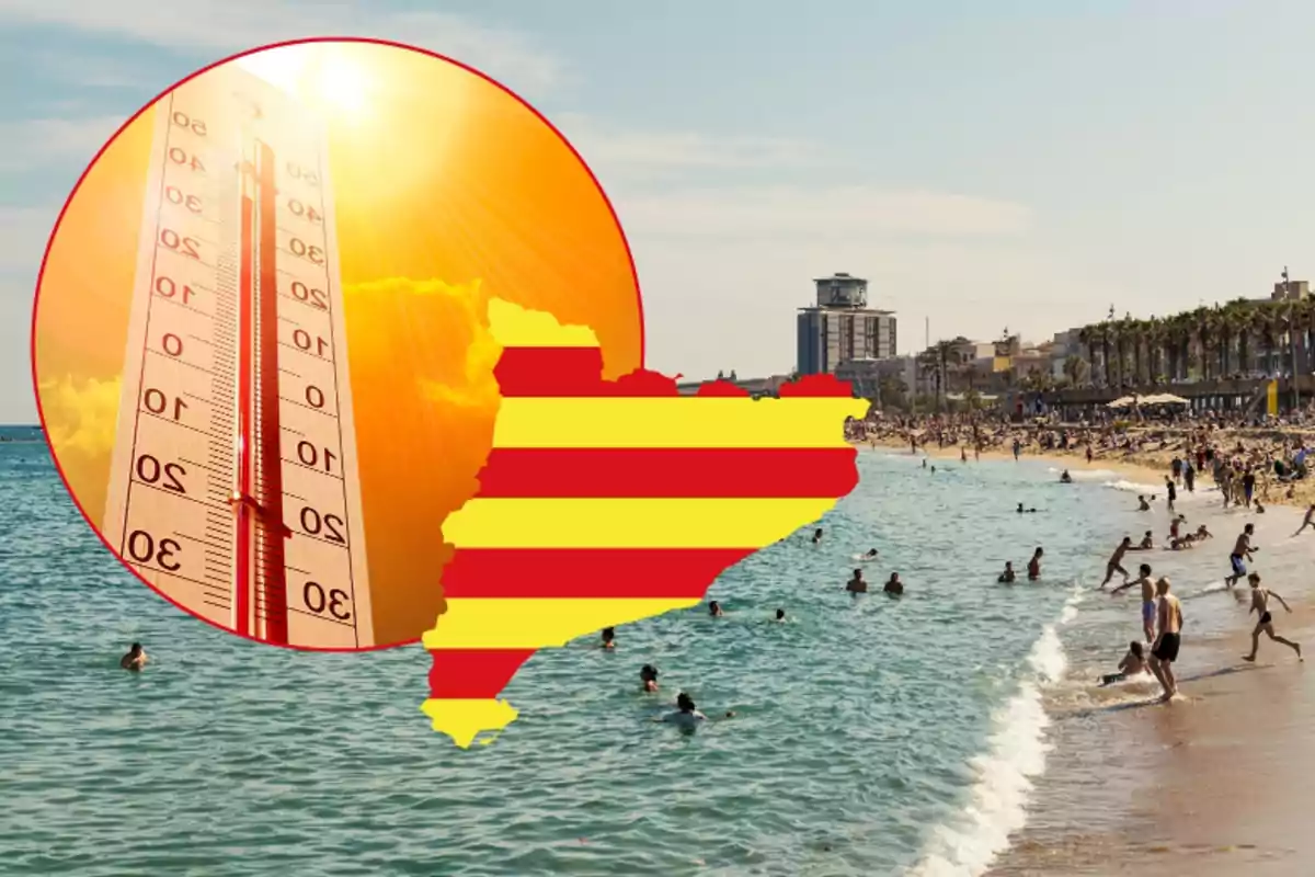 Platja concorreguda a Catalunya amb un gràfic de termòmetre i sol intens indicant altes temperatures Platja concorreguda a Catalunya amb un gràfic de termòmetre i sol intens indicant altes temperatures