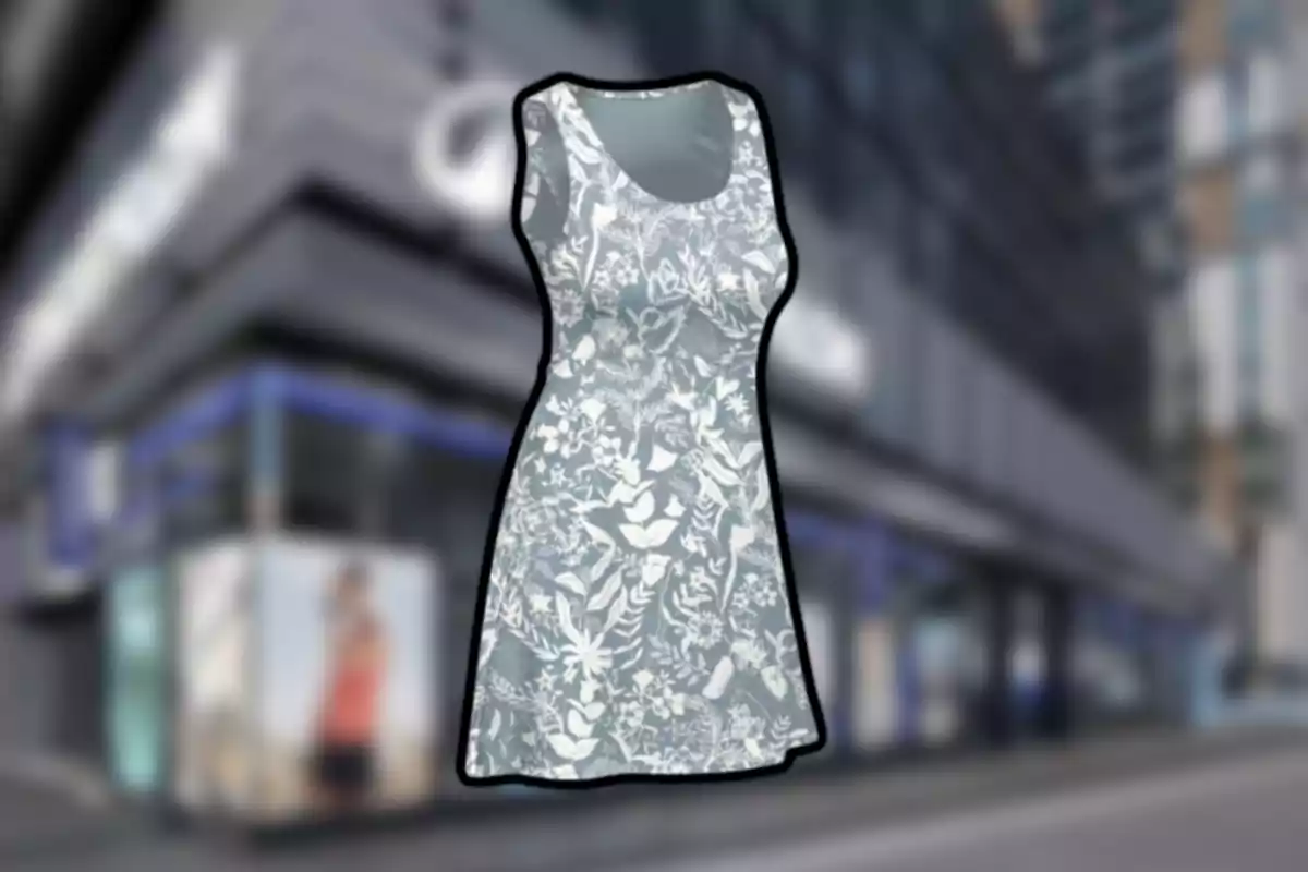 Vestit sense mànigues amb estampat floral blanc sobre fons gris davant d’una botiga desenfocada Vestit sense mànigues amb estampat floral blanc sobre fons gris davant d’una botiga desenfocada