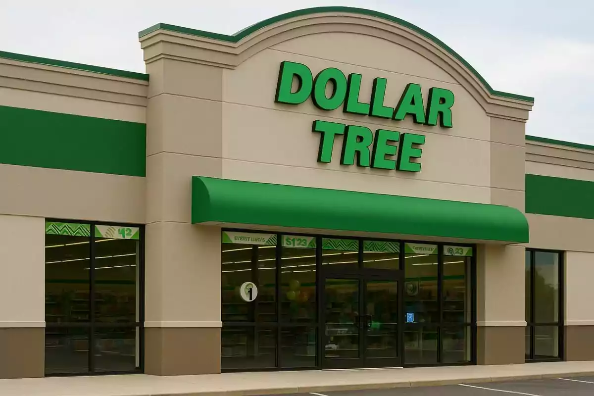 Facade of a Dollar Tree store with a green sign and the main entrance visible. Facade of a Dollar Tree store with a green sign and the main entrance visible.