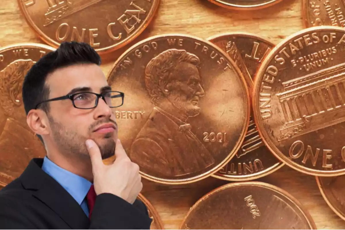 Hombre pensativo con gafas y traje frente a varias monedas de un centavo estadounidenses Hombre pensativo con gafas y traje frente a varias monedas de un centavo estadounidenses