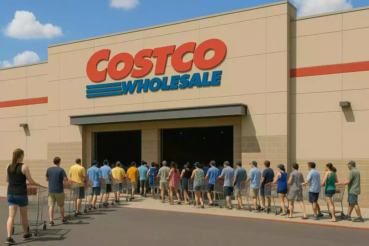 People lining up with shopping carts to enter a Costco Wholesale store. People lining up with shopping carts to enter a Costco Wholesale store.