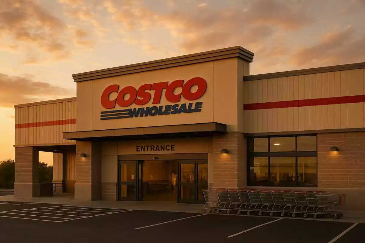 Fachada de una tienda Costco al atardecer con carritos de supermercado alineados afuera. Fachada de una tienda Costco al atardecer con carritos de supermercado alineados afuera.