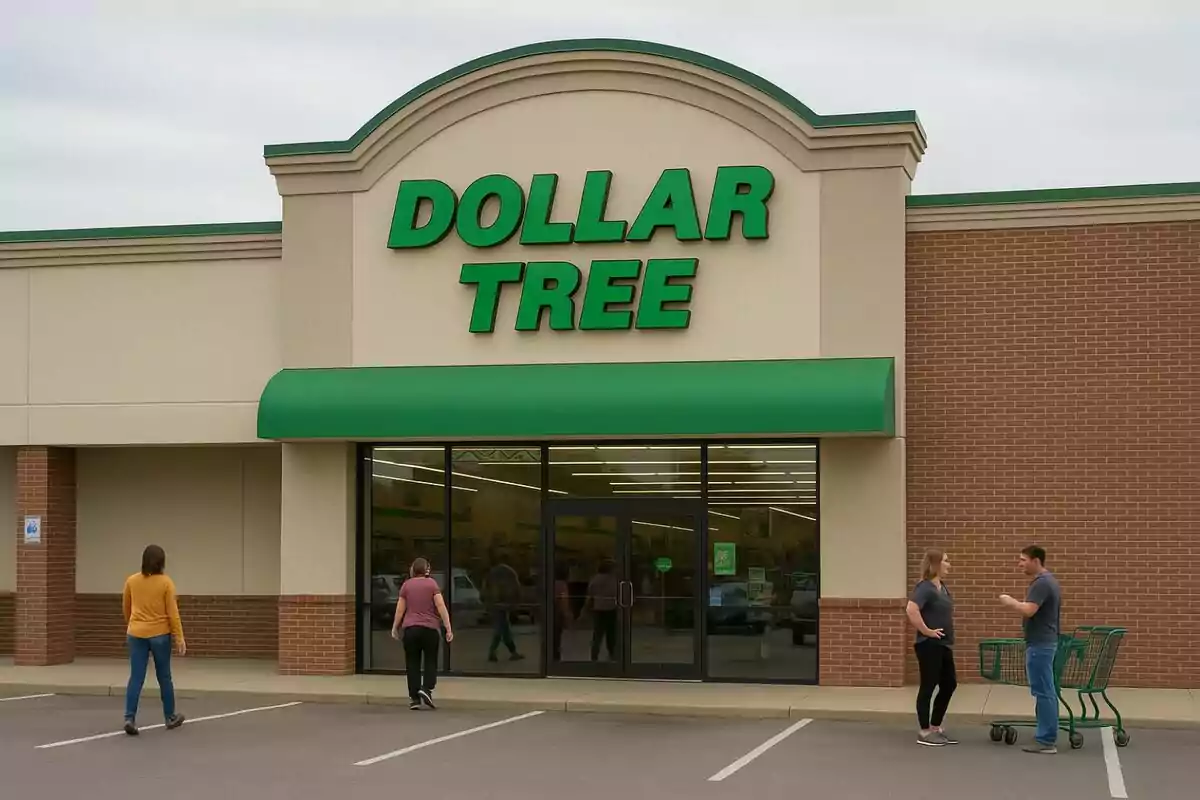 Fachada de una tienda Dollar Tree con varias personas en el estacionamiento y dos carritos de compras verdes.