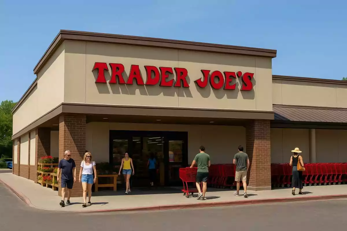 Fachada de una tienda Trader Joe's con varias personas entrando y saliendo y carritos de supermercado rojos alineados afuera. Fachada de una tienda Trader Joe's con varias personas entrando y saliendo y carritos de supermercado rojos alineados afuera.