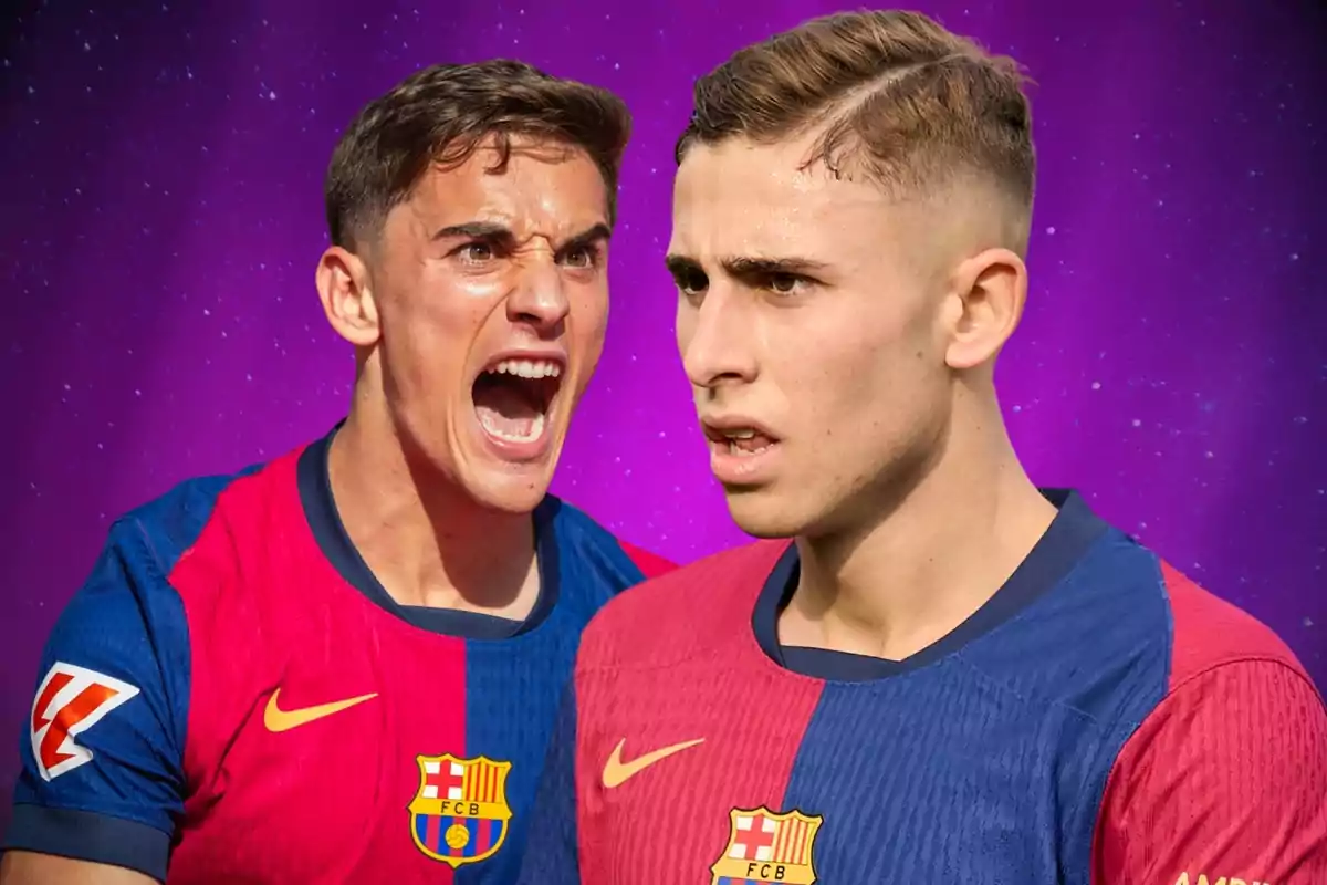 Dos futbolistas del Barcelona con expresiones intensas y fondo morado