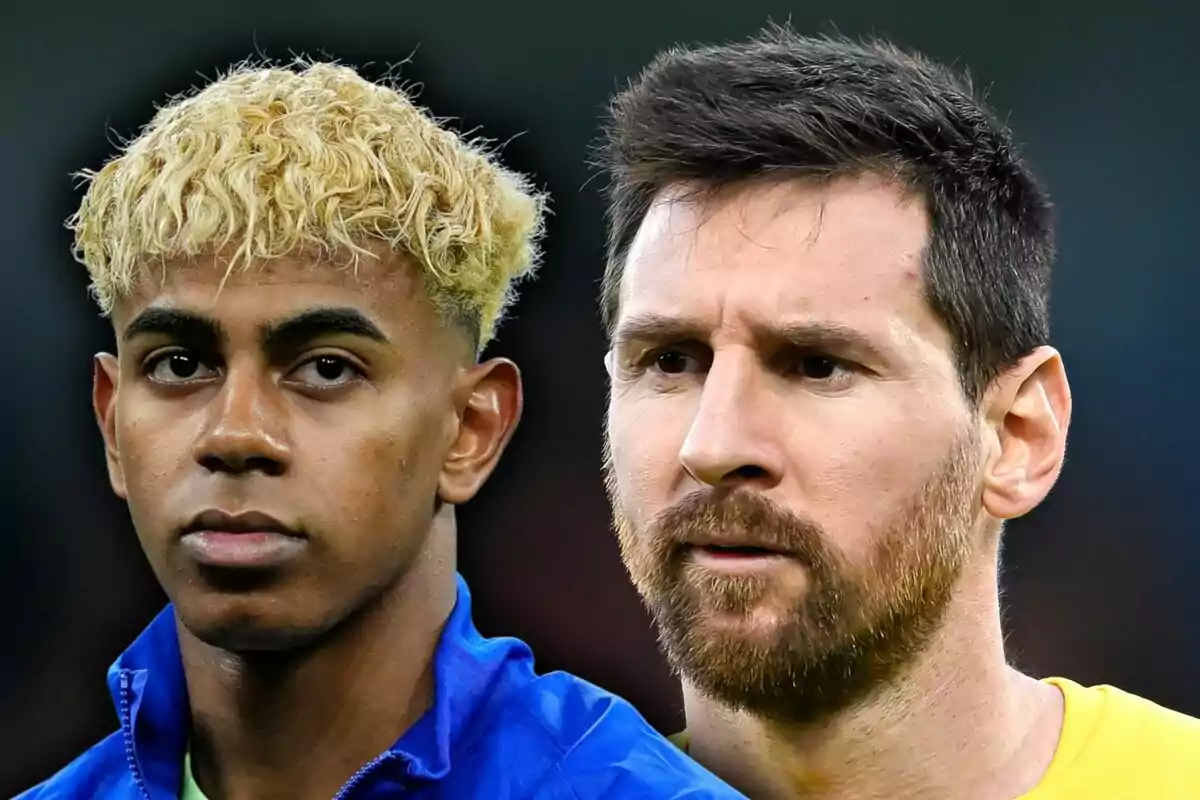 Two players from different teams look ahead seriously, one with curly blond hair and the other with a beard and dark hair.