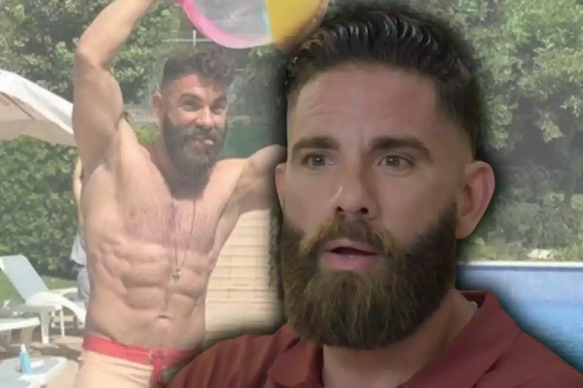Hombre con barba en primer plano y al fondo una imagen de él en traje de baño junto a una piscina