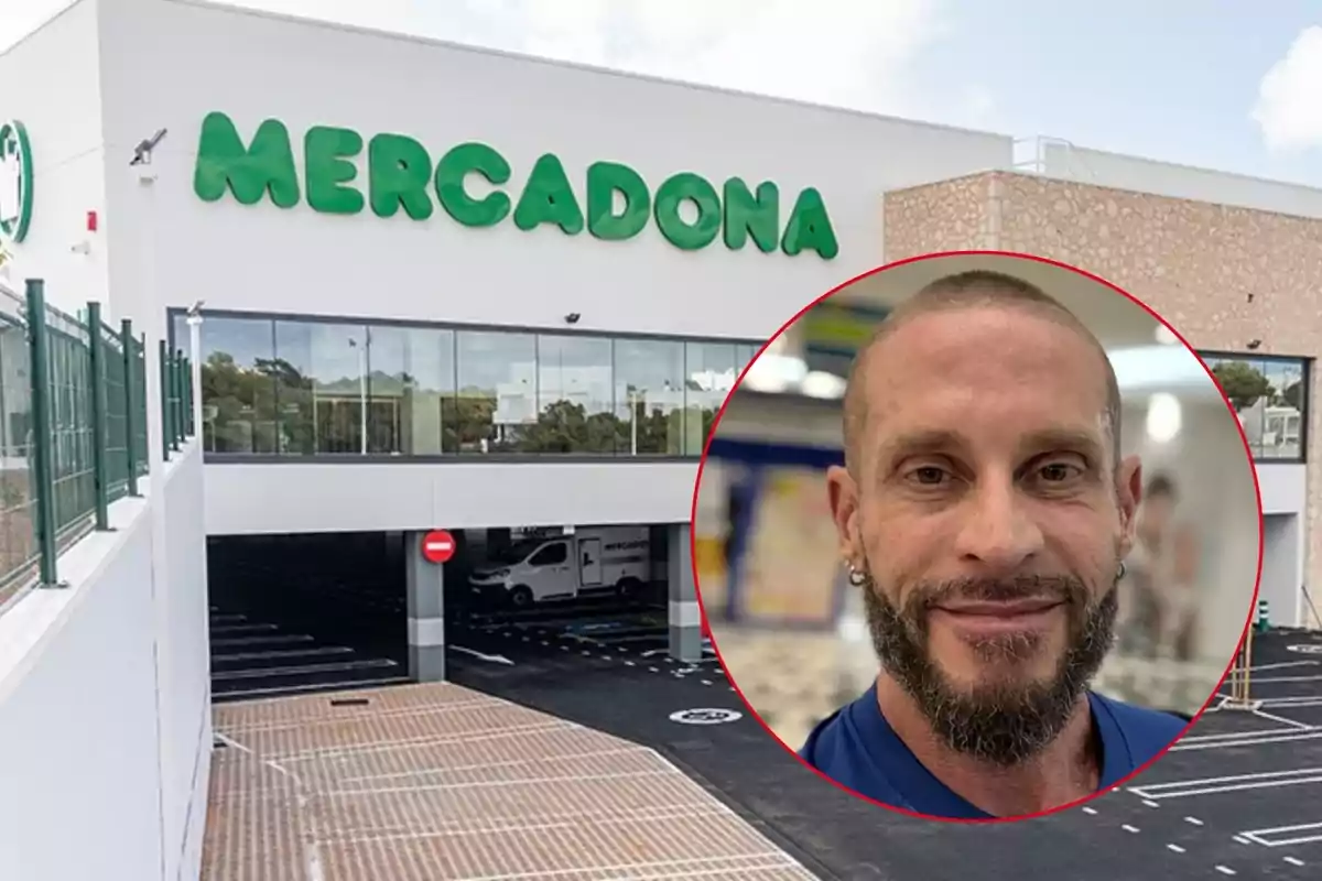 Façana d’un supermercat Mercadona amb el retrat d’un home amb barba en un cercle superposat a la imatge.