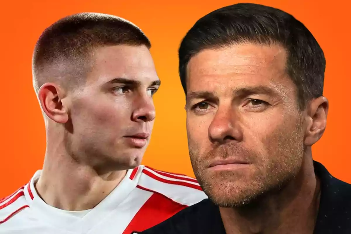 Two men in the foreground with an orange background, one wearing a white and red soccer jersey and the other dressed in black. Two men in the foreground with an orange background, one wearing a white and red soccer jersey and the other dressed in black.