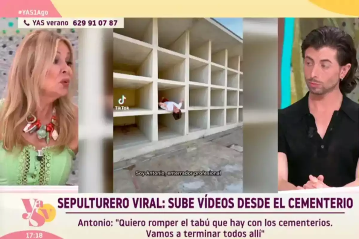 Ana Obregón y un invitado de ‘Y ahora Sonsoles’ conversan en un programa mientras en el centro de la pantalla se muestra un video viral de un sepulturero dentro de un nicho en un cementerio, acompañado de un titular sobre romper el tabú de los cementerios. Ana Obregón y un invitado de ‘Y ahora Sonsoles’ conversan en un programa mientras en el centro de la pantalla se muestra un video viral de un sepulturero dentro de un nicho en un cementerio, acompañado de un titular sobre romper el tabú de los cementerios.