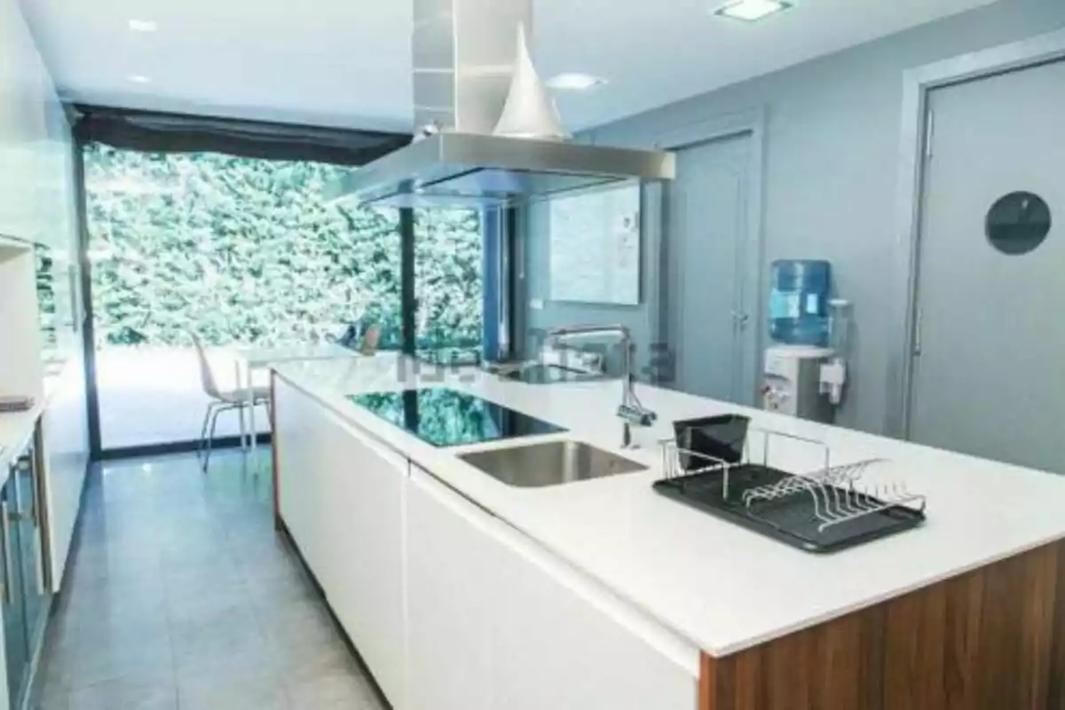 Cuina moderna amb illa central, aigüera, cuina d’inducció, campana d’acer inoxidable, escorreplats i dispensador d’aigua al costat d’una porta, amb finestrals que donen vista a un jardí exterior. Cuina moderna amb illa central, aigüera, cuina d’inducció, campana d’acer inoxidable, escorreplats i dispensador d’aigua al costat d’una porta, amb finestrals que donen vista a un jardí exterior.