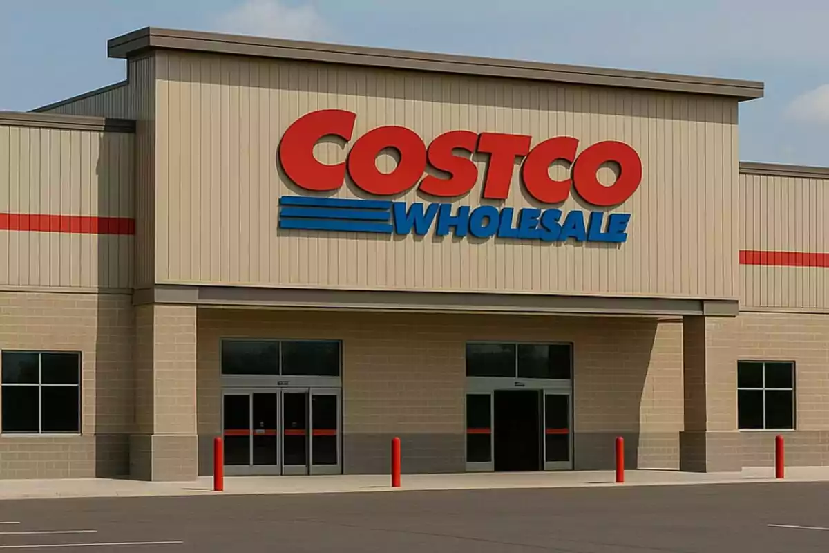 Facade of a Costco Wholesale store with entrance doors and an empty parking lot in front. Facade of a Costco Wholesale store with entrance doors and an empty parking lot in front.