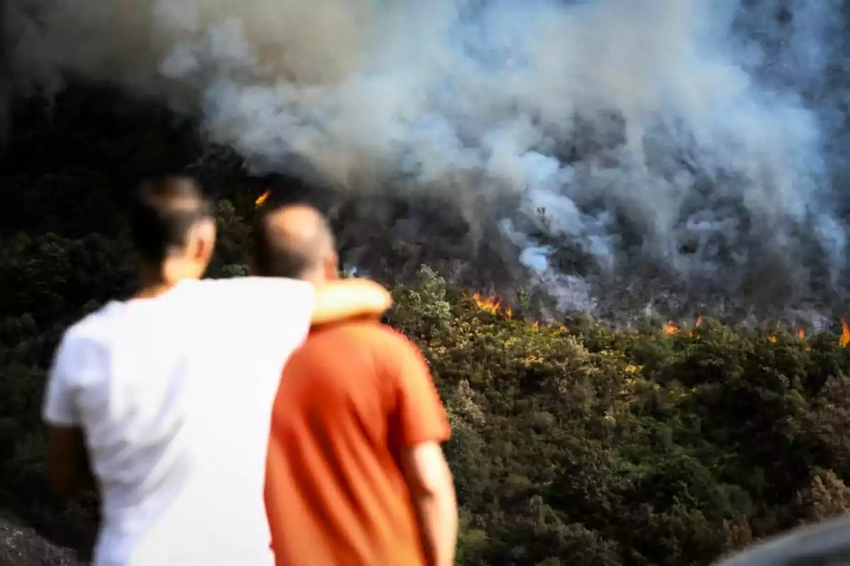 Dues persones observen un incendi forestal mentre el fum cobreix el cel i les flames avancen entre els arbres. Dues persones observen un incendi forestal mentre el fum cobreix el cel i les flames avancen entre els arbres.