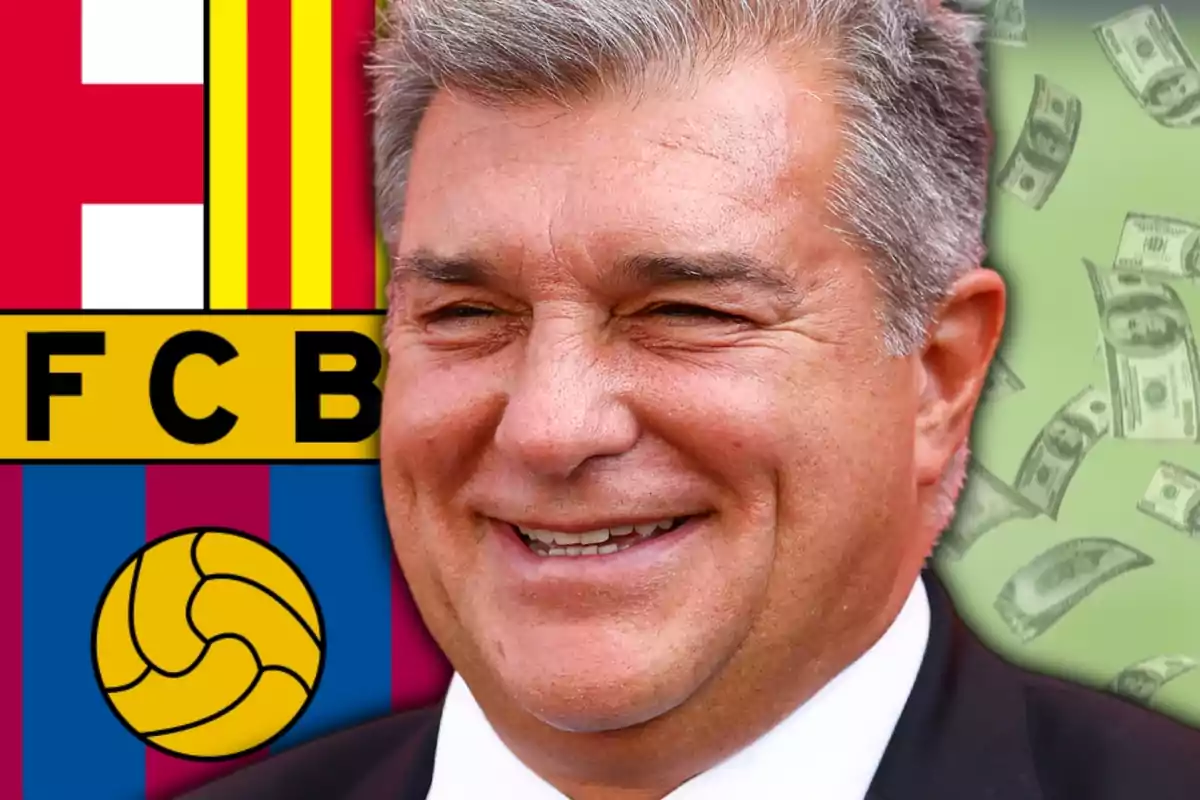 Hombre sonriente con el escudo del FC Barcelona y billetes de fondo Hombre sonriente con el escudo del FC Barcelona y billetes de fondo