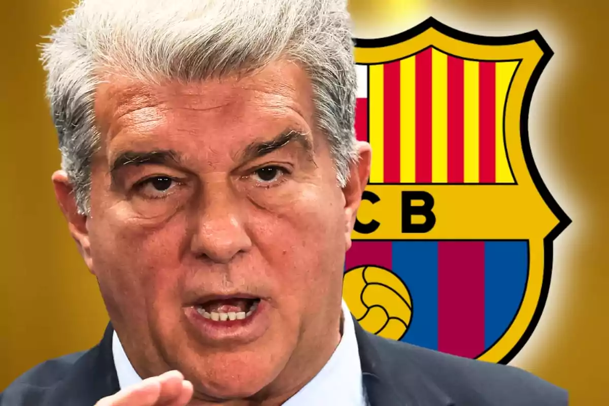Gray-haired man in the foreground with the FC Barcelona crest in the background