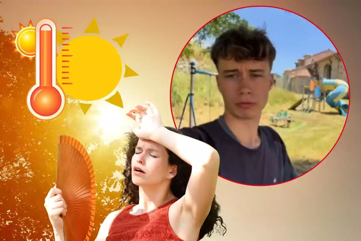 Dona ventant-se i protegint-se del sol amb una expressió de calor intens, termòmetre i sol dibuixats al fons, i un jove en un parc dins d’un cercle vermell Dona ventant-se i protegint-se del sol amb una expressió de calor intens, termòmetre i sol dibuixats al fons, i un jove en un parc dins d’un cercle vermell