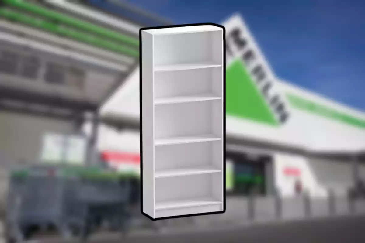 Estant blanc de cinc nivells sobre un fons difuminat d’una botiga de bricolatge Estant blanc de cinc nivells sobre un fons difuminat d’una botiga de bricolatge