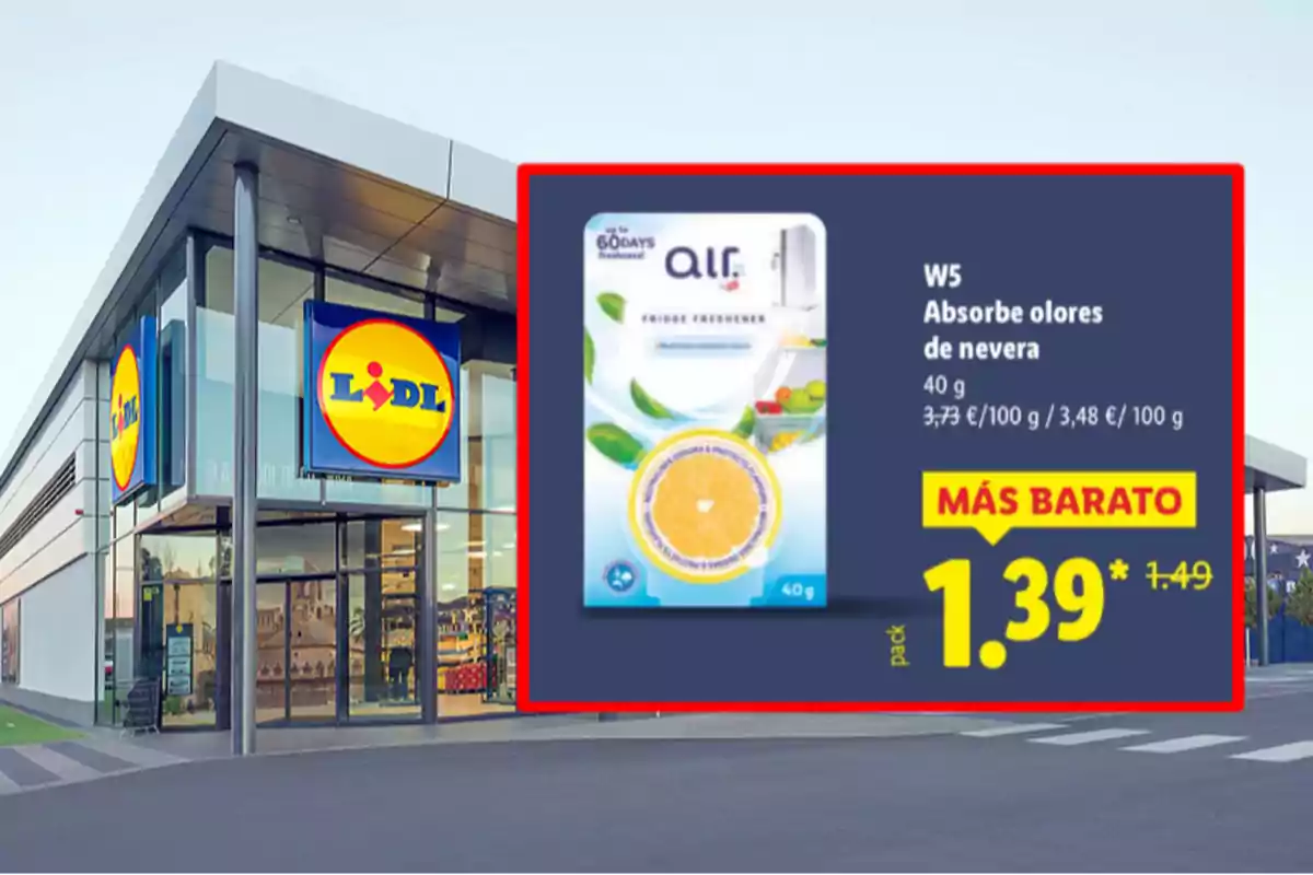 Façana de supermercat Lidl amb una oferta destacada d’un absorbent d’olors per a nevera W5 a 1,39 euros Façana de supermercat Lidl amb una oferta destacada d’un absorbent d’olors per a nevera W5 a 1,39 euros