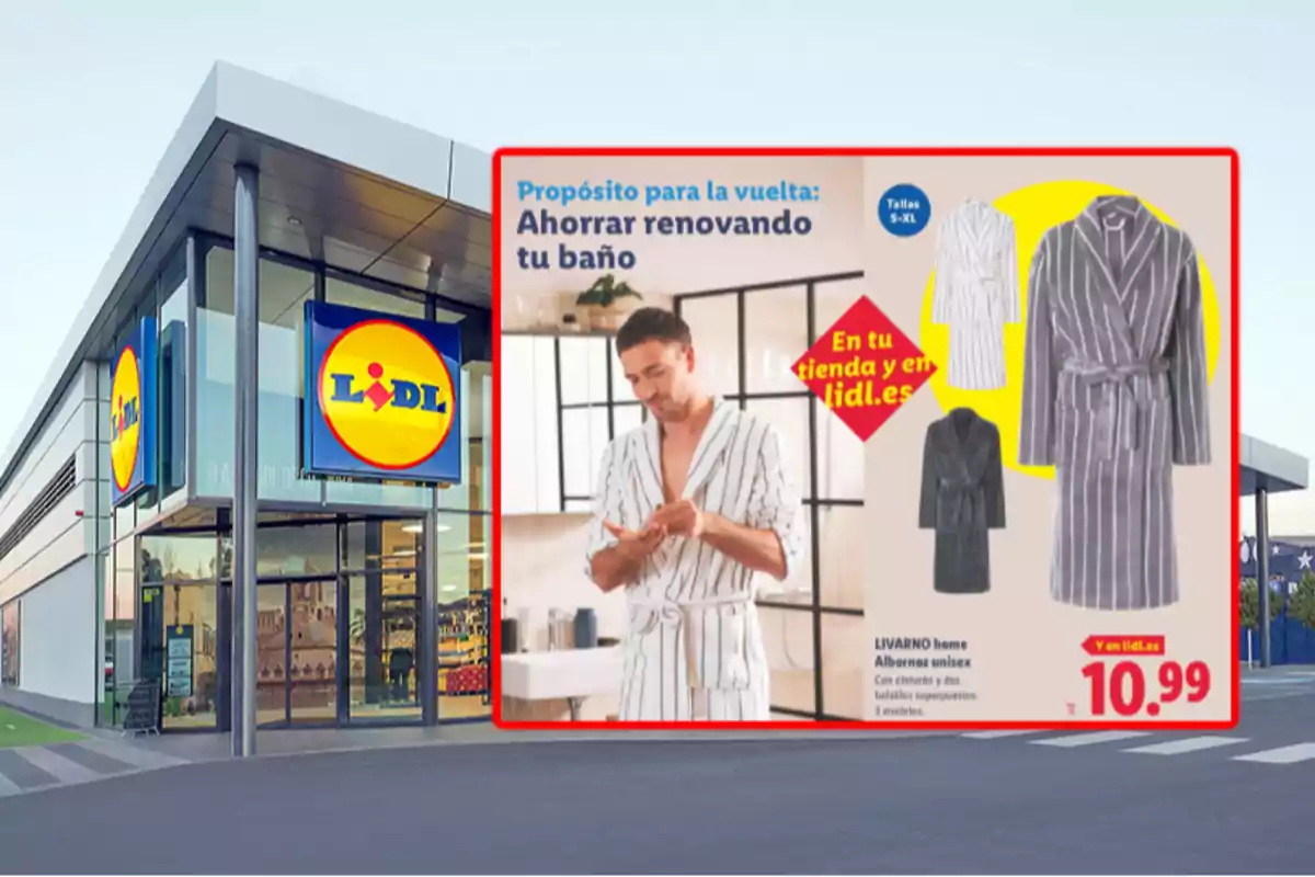 Façana d’una botiga Lidl amb un anunci de barnús unisex en oferta per 10,99 euros Façana d’una botiga Lidl amb un anunci de barnús unisex en oferta per 10,99 euros