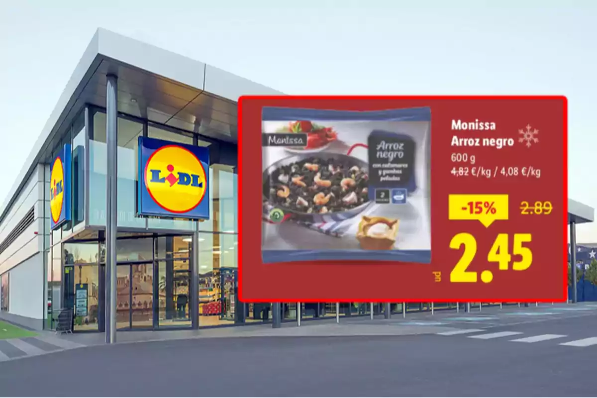 Façana de supermercat Lidl amb una oferta destacada d’arròs negre Monissa a 2,45 euros Façana de supermercat Lidl amb una oferta destacada d’arròs negre Monissa a 2,45 euros