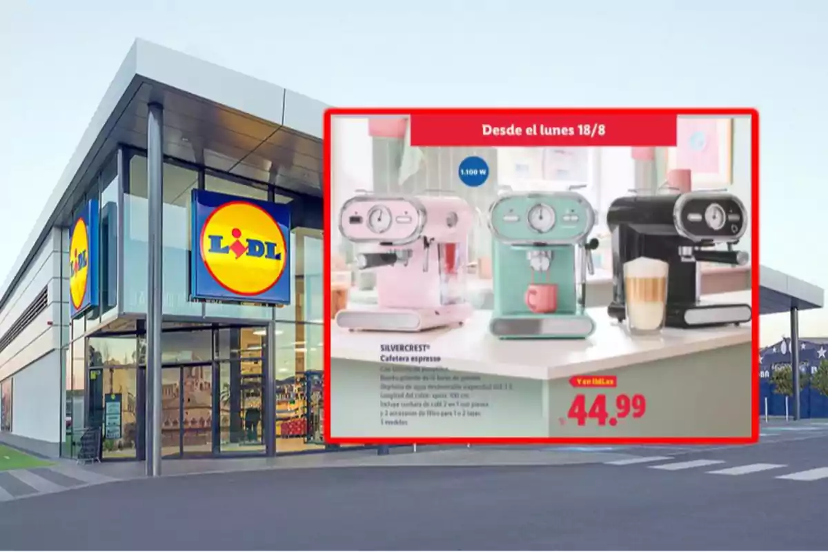 Façana d’una botiga Lidl amb un anunci de cafeteres espresso de colors pastel i negre en oferta per 44,99 euros Façana d’una botiga Lidl amb un anunci de cafeteres espresso de colors pastel i negre en oferta per 44,99 euros