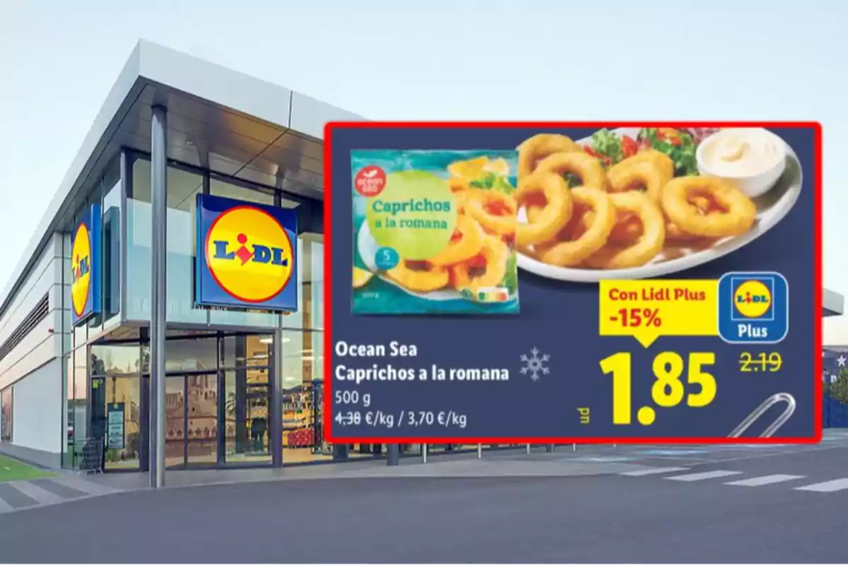 Façana d’un supermercat Lidl amb una promoció de capritxos a la romana Ocean Sea de 500 grams a 1,85 euros amb Lidl Plus Façana d’un supermercat Lidl amb una promoció de capritxos a la romana Ocean Sea de 500 grams a 1,85 euros amb Lidl Plus