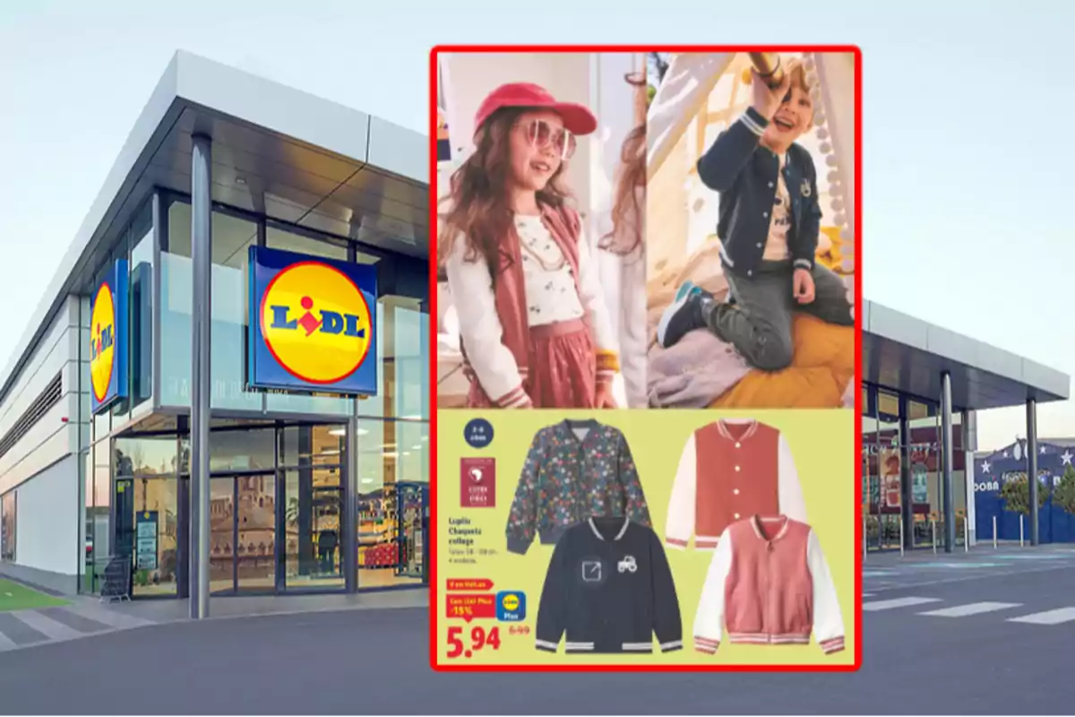 Façana de supermercat Lidl amb un cartell promocional de jaquetes infantils de diferents colors i models Façana de supermercat Lidl amb un cartell promocional de jaquetes infantils de diferents colors i models