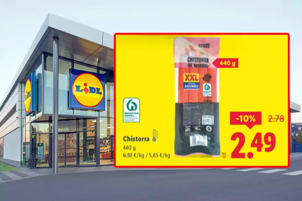 Façana de supermercat Lidl amb una oferta destacada de xistorra de Navarra XXL de 440 grams a 2,49 euros amb un descompte del 10 per cent