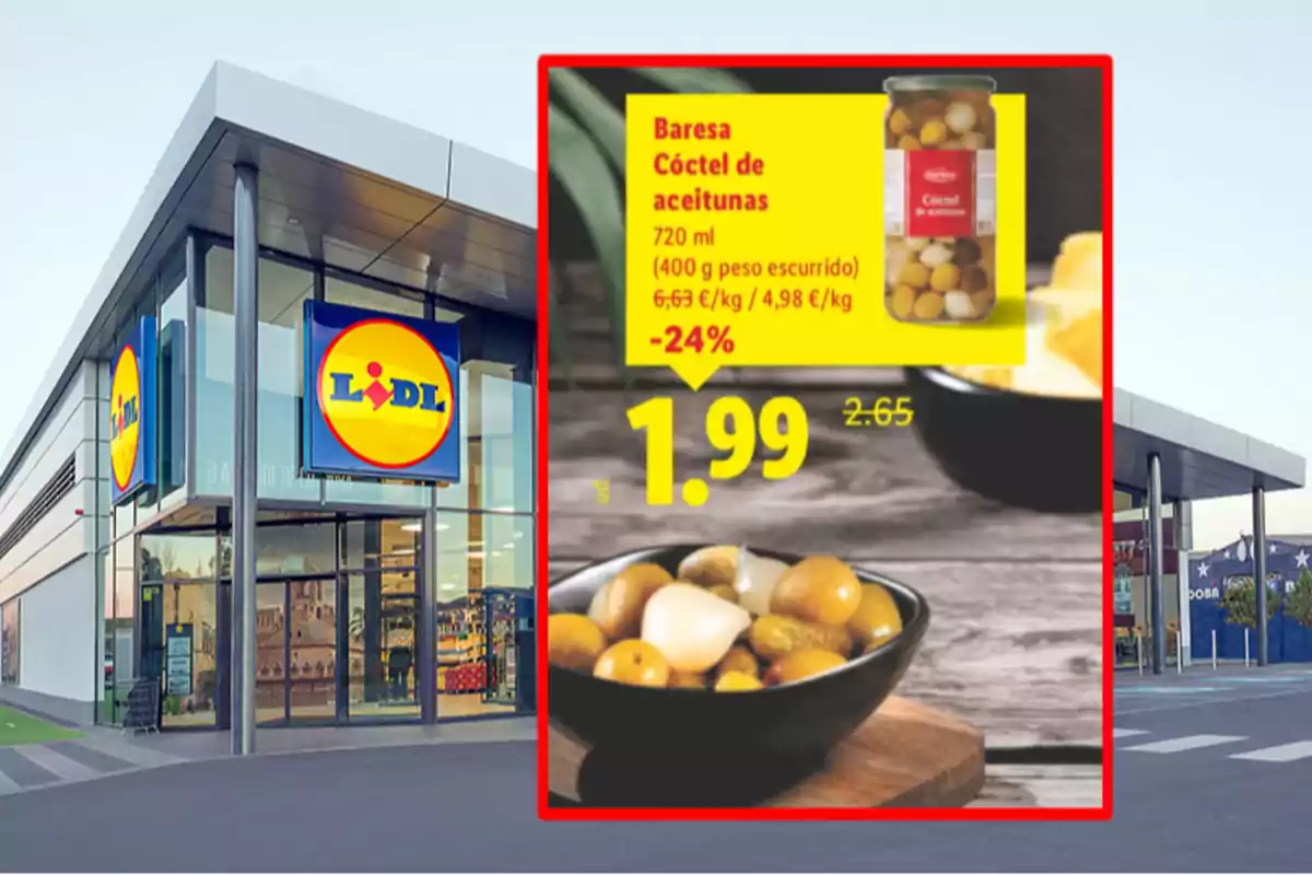 Façana de supermercat Lidl amb un cartell promocional de còctel d’olives Baresa en oferta a 1,99 euros Façana de supermercat Lidl amb un cartell promocional de còctel d’olives Baresa en oferta a 1,99 euros