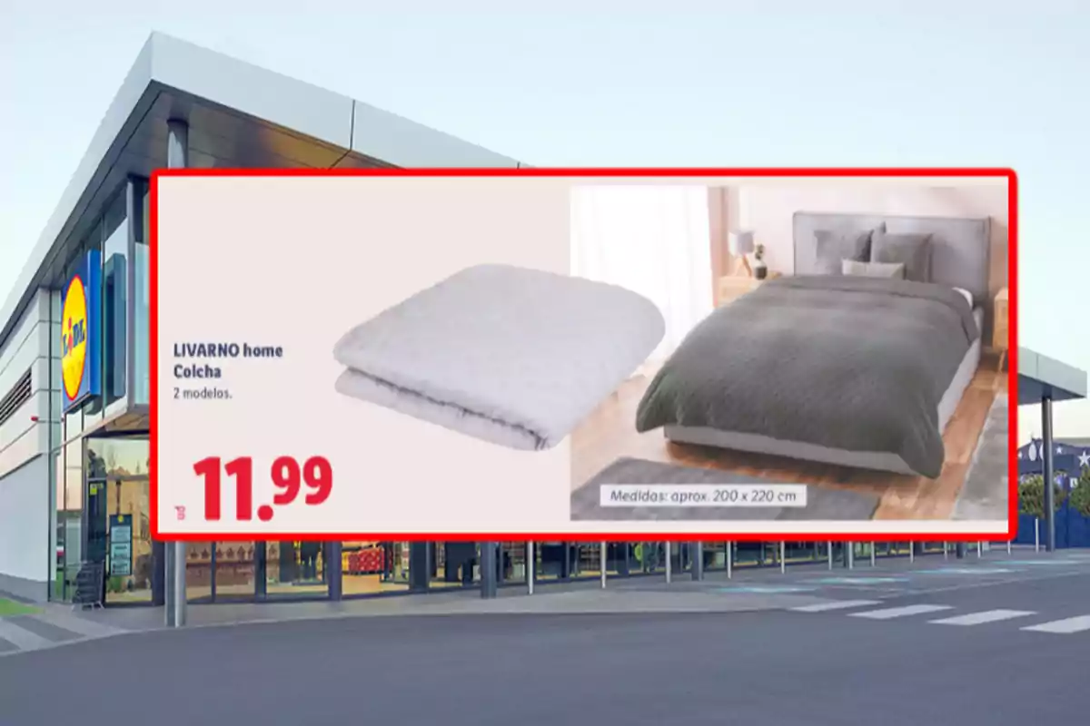 Publicitat d’una edredó Livarno home en oferta per 11,99 euros a l’entrada d’una botiga Lidl Publicitat d’una edredó Livarno home en oferta per 11,99 euros a l’entrada d’una botiga Lidl