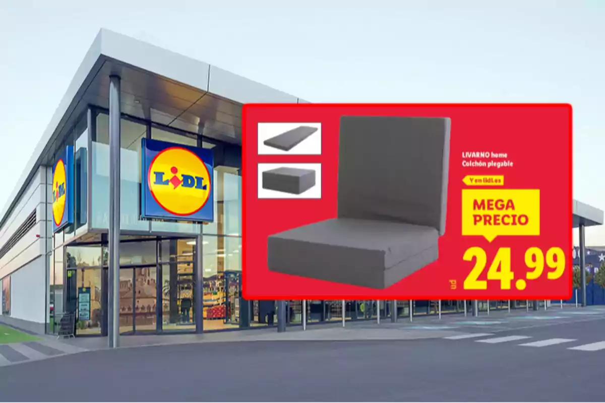 Façana d’una botiga Lidl amb un anunci d’un matalàs plegable Livarno home en oferta a 24,99 euros Façana d’una botiga Lidl amb un anunci d’un matalàs plegable Livarno home en oferta a 24,99 euros