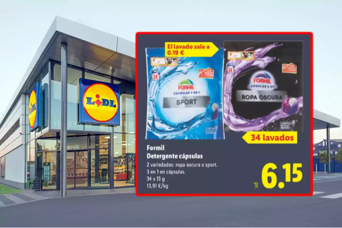 Entrada d’una botiga Lidl amb un cartell promocional de detergent en càpsules Formil per a roba esportiva i roba fosca, destacant el preu de 6,15 euros per a 34 rentats. Entrada d’una botiga Lidl amb un cartell promocional de detergent en càpsules Formil per a roba esportiva i roba fosca, destacant el preu de 6,15 euros per a 34 rentats.