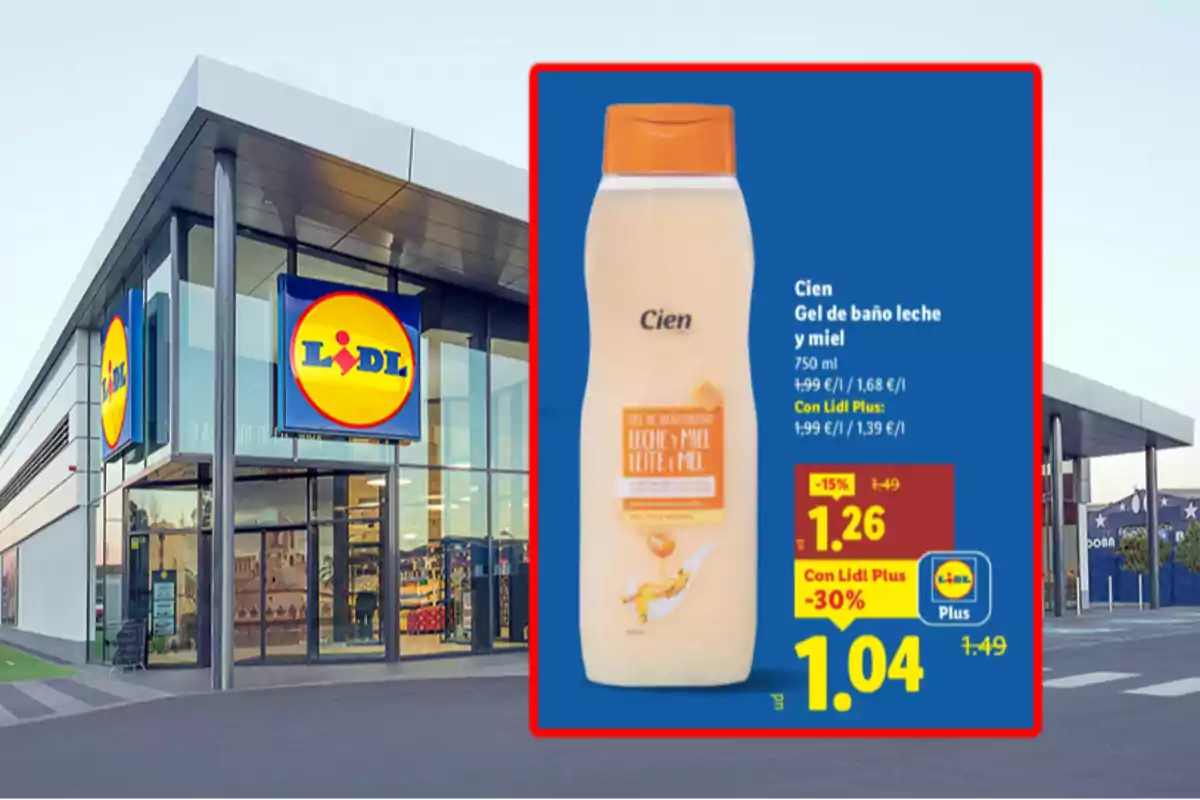 Façana de supermercat Lidl amb una promoció de gel de bany Cien llet i mel en primer pla mostrant el preu rebaixat Façana de supermercat Lidl amb una promoció de gel de bany Cien llet i mel en primer pla mostrant el preu rebaixat