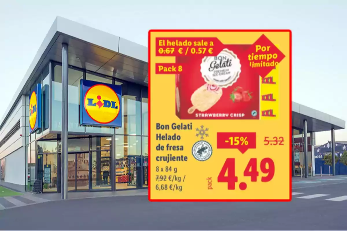 Façana de supermercat Lidl amb un cartell promocional de gelat Bon Gelati de maduixa cruixent en oferta per temps limitat a 4,49 euros el pack Façana de supermercat Lidl amb un cartell promocional de gelat Bon Gelati de maduixa cruixent en oferta per temps limitat a 4,49 euros el pack
