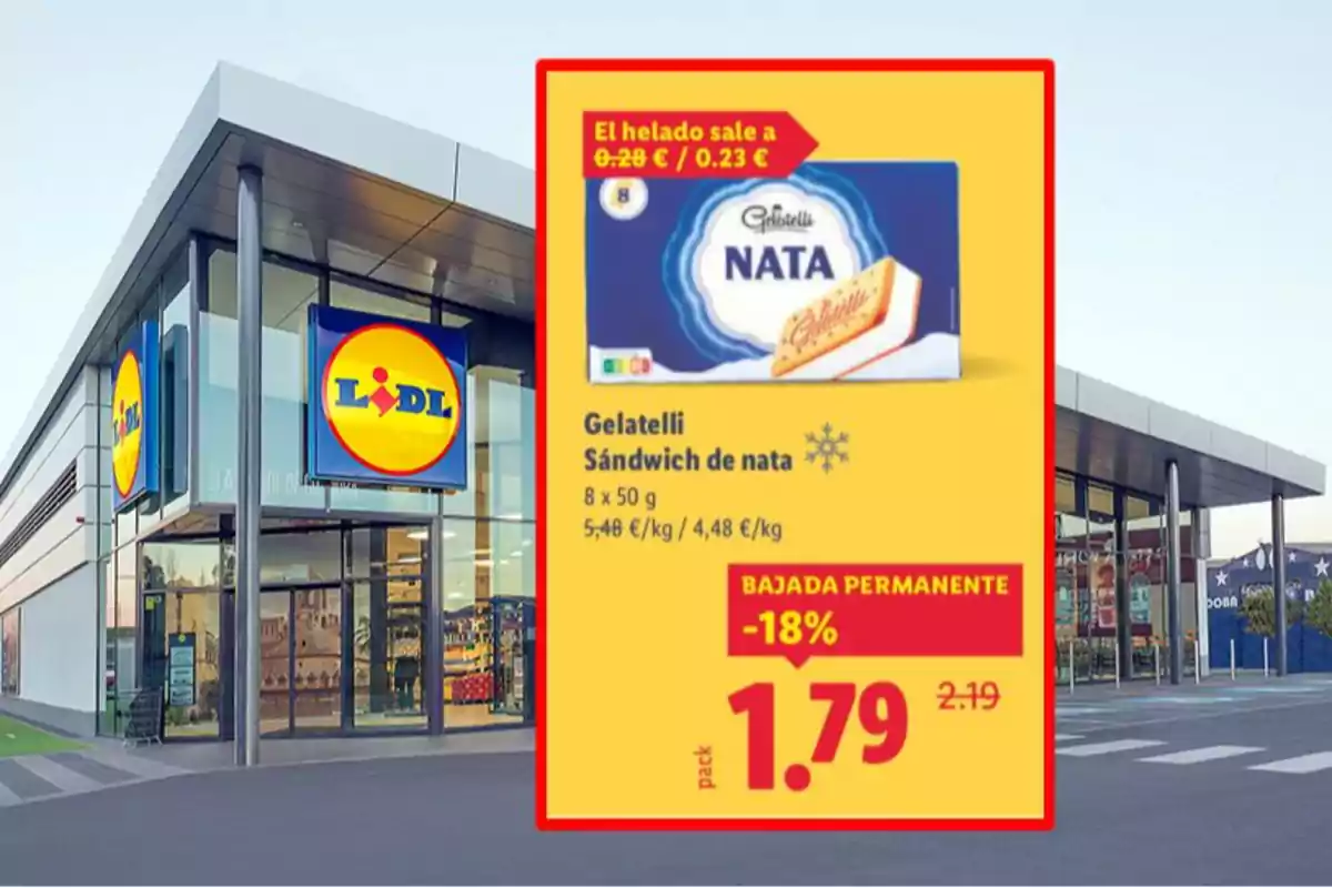 Façana de supermercat Lidl amb un cartell promocional de gelat sandvitx de nata Gelatelli en oferta a 1,79 euros amb un descompte del 18 per cent Façana de supermercat Lidl amb un cartell promocional de gelat sandvitx de nata Gelatelli en oferta a 1,79 euros amb un descompte del 18 per cent