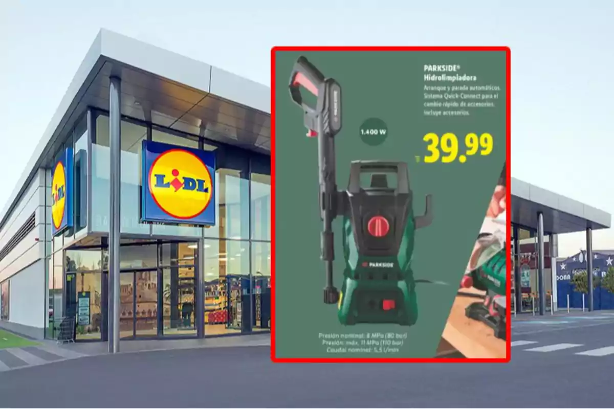 Façana d’una botiga Lidl amb un anunci destacat d’una hidronetejadora Parkside en oferta per 39,99 euros Façana d’una botiga Lidl amb un anunci destacat d’una hidronetejadora Parkside en oferta per 39,99 euros