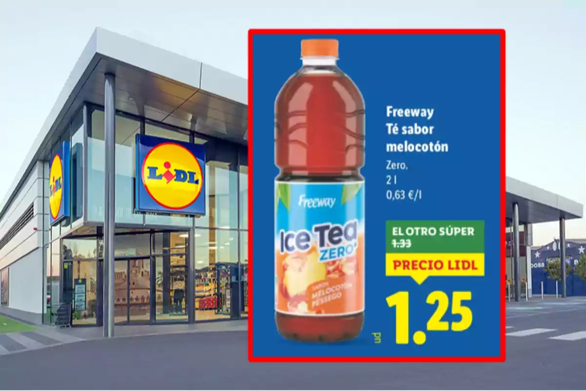 Façana de supermercat Lidl amb un anunci de te sabor préssec Freeway Ice Tea Zero de 2 litres en oferta a 1,25 euros Façana de supermercat Lidl amb un anunci de te sabor préssec Freeway Ice Tea Zero de 2 litres en oferta a 1,25 euros