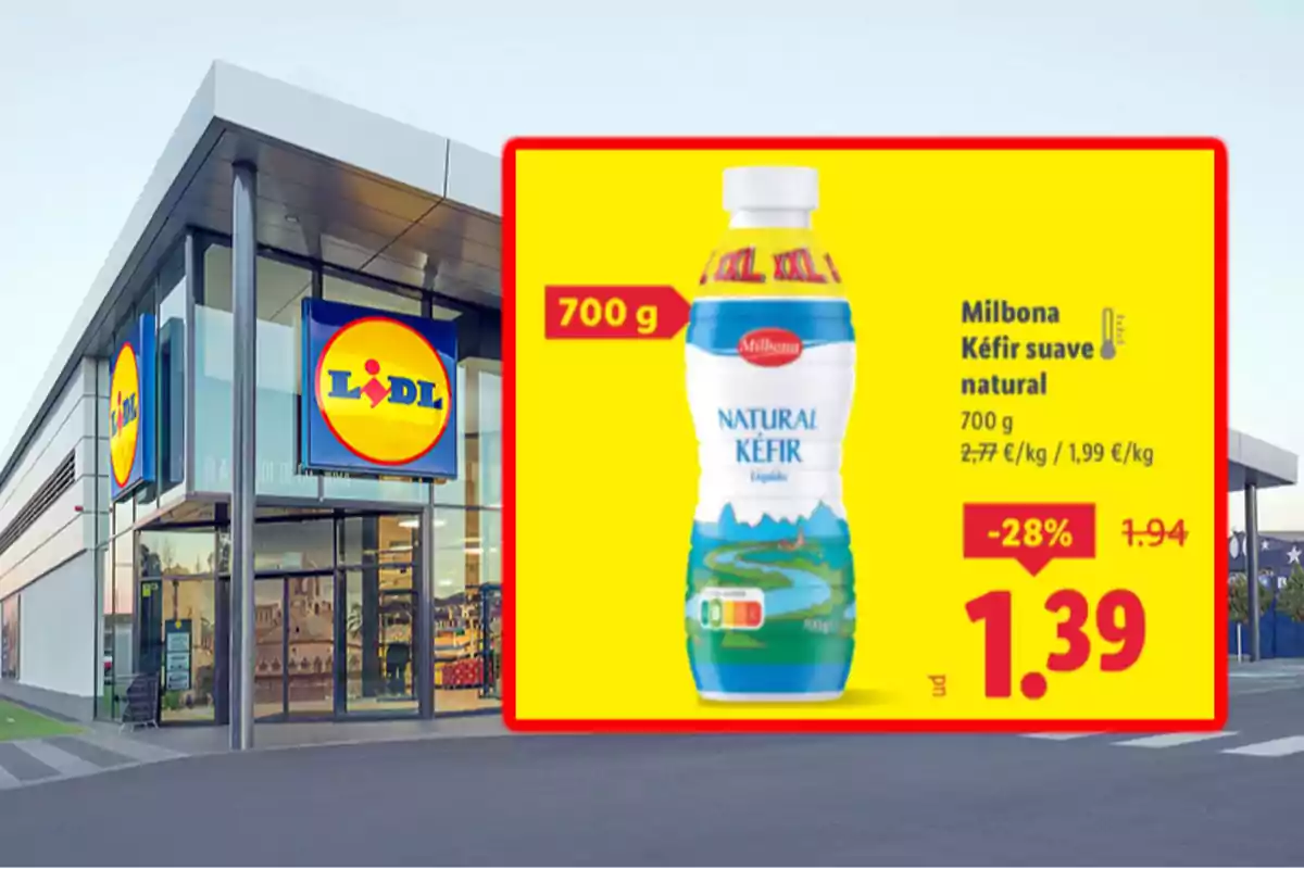 Façana de supermercat Lidl amb una promoció de quefir natural Milbona de 700 grams a 1,39 euros destacada en un cartell groc