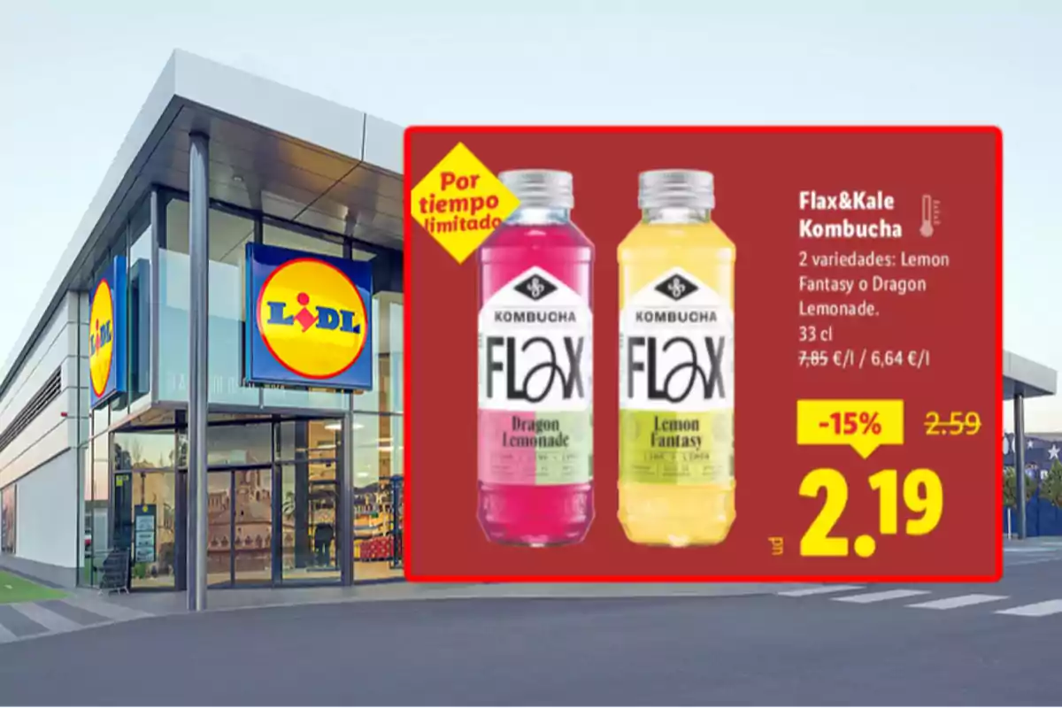 Façana d’un supermercat Lidl amb una promoció de kombutxa Flax&Kale en dos sabors, Dragon Lemonade i Lemon Fantasy, amb un descompte del 15% i preu final de 2,19 euros. Façana d’un supermercat Lidl amb una promoció de kombutxa Flax&Kale en dos sabors, Dragon Lemonade i Lemon Fantasy, amb un descompte del 15% i preu final de 2,19 euros.