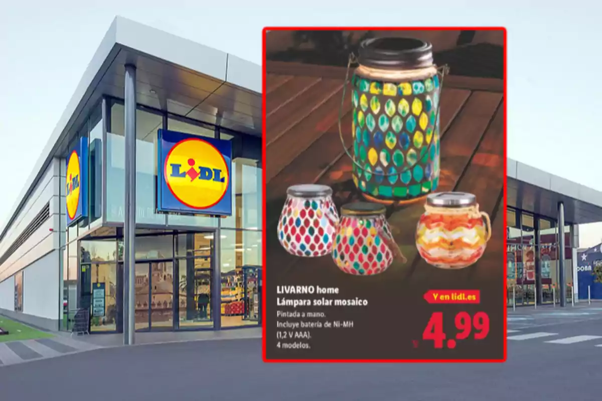 Façana d’una botiga Lidl amb un cartell promocional de làmpades solars de mosaic de colors a un preu de 4,99 euros. Façana d’una botiga Lidl amb un cartell promocional de làmpades solars de mosaic de colors a un preu de 4,99 euros.